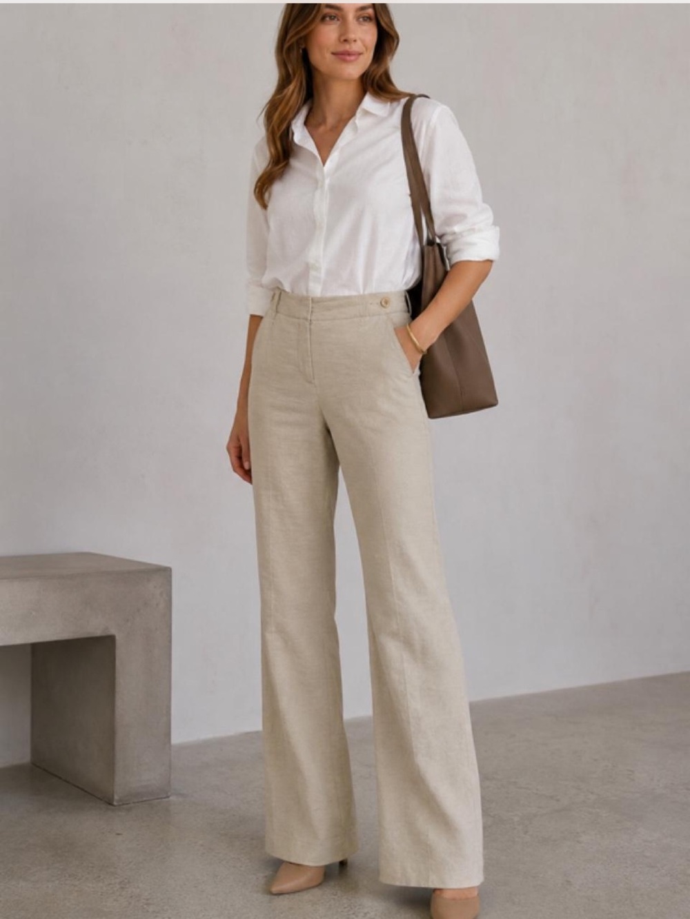 Theory Brione W Linen Blend Flare Trousers Pants Ivory Beige Size 12